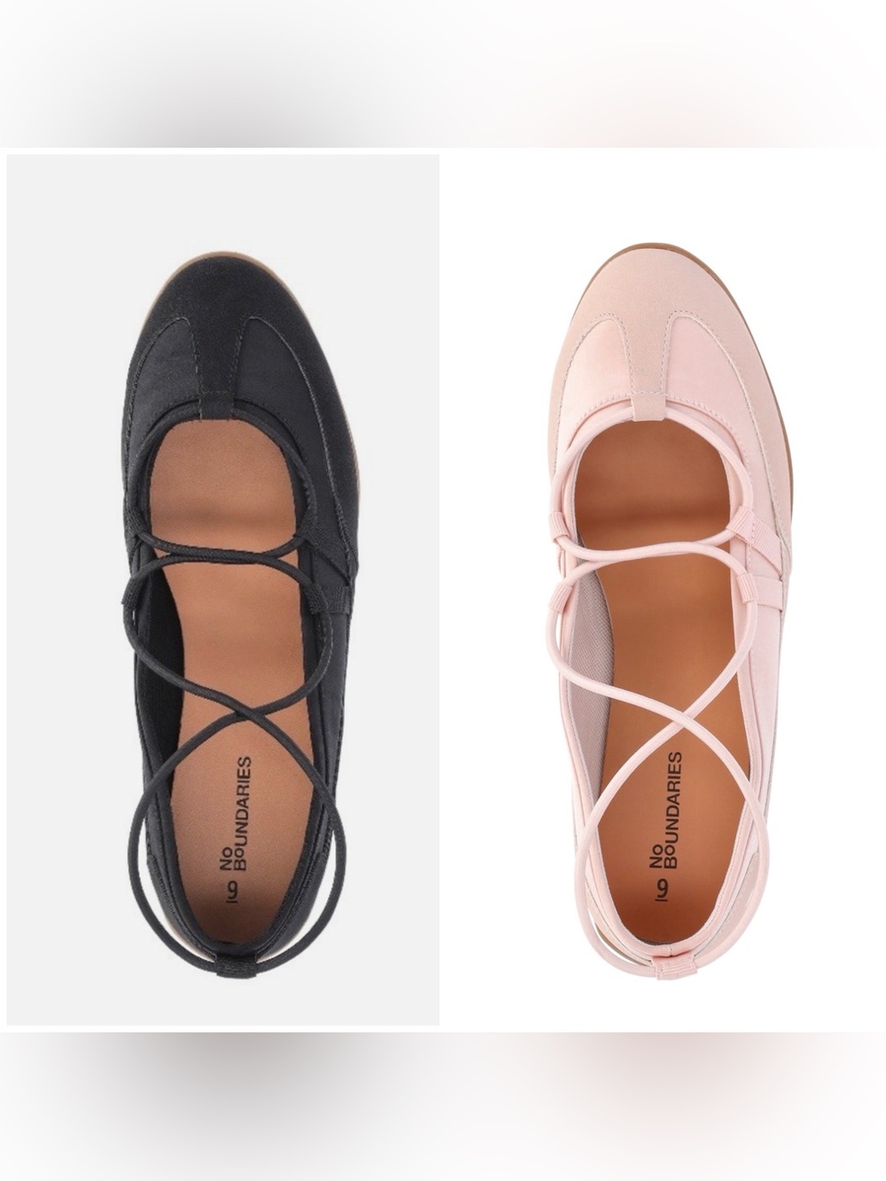 2 pairs No Boundaries Two-Tone Cross-Strap Ballet Flats in Black and Light Pink